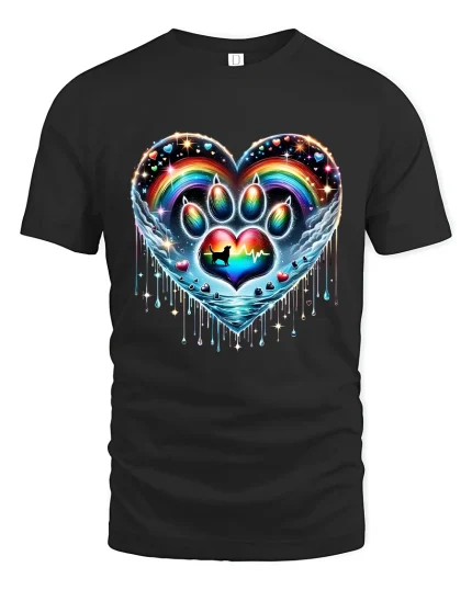 Rainbow Paw Heart Tshirt Colorful Pet Love Artistic Graphic - black t-shirt on white background