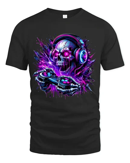Neon Gamer Skull Tshirt Electric Gaming Controller Art Graphic - black t-shirt on white background