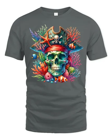Pirate Ocean Skull Graphic Tshirt Colorful Sea Fantasy Art - gray t-shirt on white background