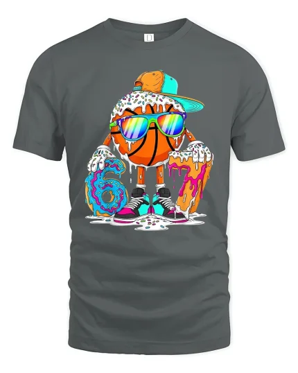 Funny Donut Basketball Character Tshirt Sweet Street Style Art - gray t-shirt on white background