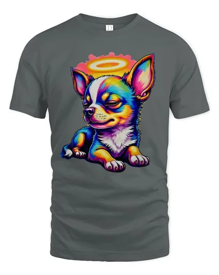 Colorful Angel Chihuahua Cartoon Tshirt Cute Halo Puppy Art - gray t-shirt on white background