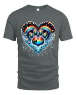 Rainbow Paw Heart Tshirt Colorful Pet Love Artistic Graphic - gray t-shirt on white background