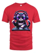DJ Cat Music Lover Tshirt Cool Neon Headphones Party Vibe - red t-shirt on white background
