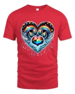 Rainbow Paw Heart Tshirt Colorful Pet Love Artistic Graphic - red t-shirt on white background