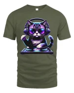 DJ Cat Music Lover Tshirt Cool Neon Headphones Party Vibe - military green t-shirt on white background