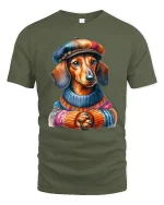 Stylish Dachshund Illustration Tshirt Cozy Artistic Dog Design - military green t-shirt on white background