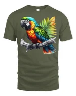 Vibrant Tropical Parrot Illustration Graphic Tshirt Bold Art - military green t-shirt on white background
