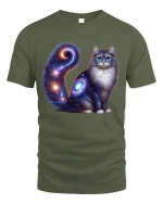 Cosmic Galaxy Cat Art Tshirt Mystical Space Feline Illustration - military green t-shirt on white background
