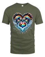 Rainbow Paw Heart Tshirt Colorful Pet Love Artistic Graphic - military green t-shirt on white background
