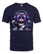 DJ Cat Music Lover Tshirt Cool Neon Headphones Party Vibe - navy t-shirt on white background