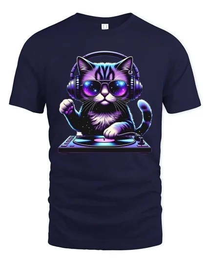 DJ Cat Music Lover Tshirt Cool Neon Headphones Party Vibe - navy t-shirt on white background