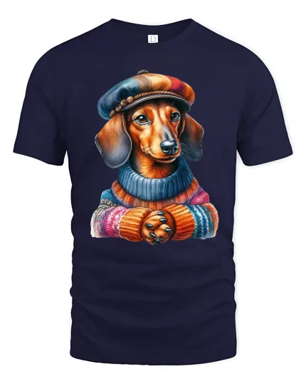 Stylish Dachshund Illustration Tshirt Cozy Artistic Dog Design - navy t-shirt on white background