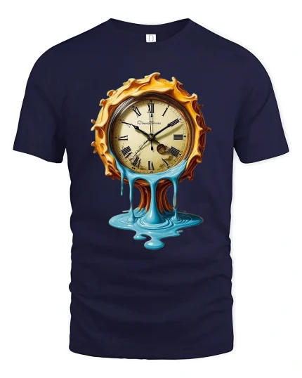 Melting Time Clock Surreal Art Tshirt Dreamy Vintage Style - navy t-shirt on white background