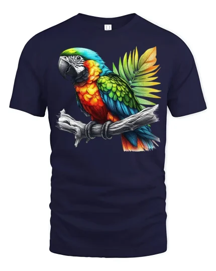 Vibrant Tropical Parrot Illustration Graphic Tshirt Bold Art - navy t-shirt on white background