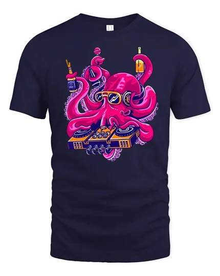 Funny DJ Octopus Party Graphic Tshirt Neon Music Vibes - navy t-shirt on white background