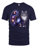 Cosmic Galaxy Cat Art Tshirt Mystical Space Feline Illustration - navy t-shirt on white background