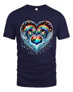 Rainbow Paw Heart Tshirt Colorful Pet Love Artistic Graphic - navy t-shirt on white background