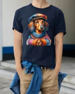 Stylish Dachshund Illustration Tshirt Cozy Artistic Dog Design - model wearing navy tee with hands in pockets