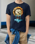 Melting Time Clock Surreal Art Tshirt Dreamy Vintage Style - model wearing navy tee with hands in pockets