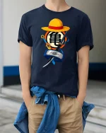 Anime Ninja Pirate Fusion Symbol Graphic Tshirt Bold Style - model wearing navy tee with hands in pockets