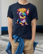 Colorful Angel Chihuahua Cartoon Tshirt Cute Halo Puppy Art - model wearing navy tee with hands in pockets
