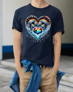Rainbow Paw Heart Tshirt Colorful Pet Love Artistic Graphic - model wearing navy tee with hands in pockets