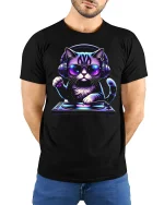 DJ Cat Music Lover Tshirt Cool Neon Headphones Party Vibe - model wearing black tee with hands behind back