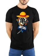 Anime Ninja Pirate Fusion Symbol Graphic Tshirt Bold Style - model wearing black tee with hands behind back