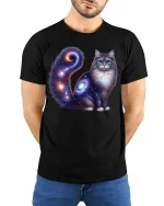 Cosmic Galaxy Cat Art Tshirt Mystical Space Feline Illustration - model wearing black tee with hands behind back
