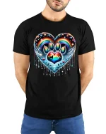 Rainbow Paw Heart Tshirt Colorful Pet Love Artistic Graphic - model wearing black tee with hands behind back