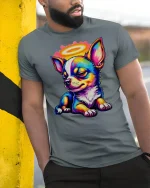 Colorful Angel Chihuahua Cartoon Tshirt Cute Halo Puppy Art - model wearing grey tee, leaning on column