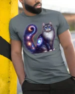 Cosmic Galaxy Cat Art Tshirt Mystical Space Feline Illustration - model wearing grey tee, leaning on column