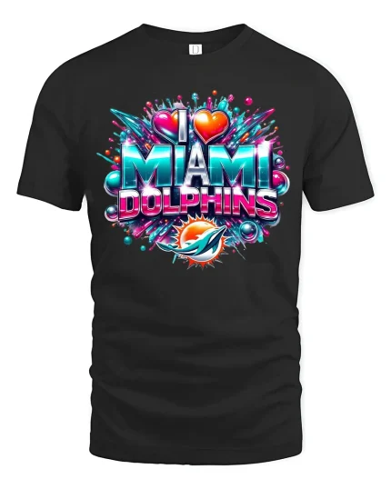 I Love Miami Dolphins Colorful Fan Art Graphic T Shirt - black t-shirt on white background