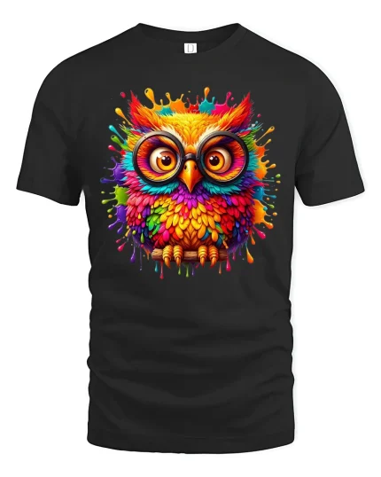 Colorful Owl Glasses Art Graphic T Shirt - black t-shirt on white background