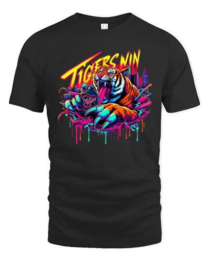 Tigers Win Neon Power City Beast Graphic T Shirt - black t-shirt on white background