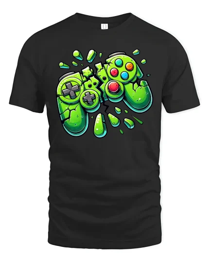 Slime Gaming Controller Cartoon Art Graphic T Shirt - black t-shirt on white background