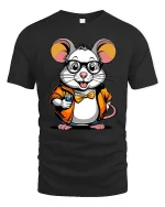 Cute Nerd Mouse Coffee Lover Cartoon Art Graphic T Shirt - black t-shirt on white background
