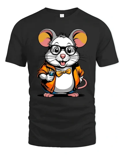 Cute Nerd Mouse Coffee Lover Cartoon Art Graphic T Shirt - black t-shirt on white background