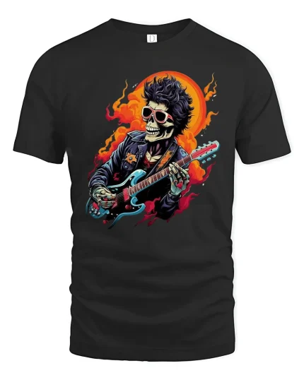 Rock Guitar Skeleton Fire Music Art Graphic T Shirt - black t-shirt on white background