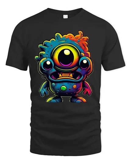 Cute One Eyed Monster Colorful Cartoon Art Graphic T Shirt - black t-shirt on white background