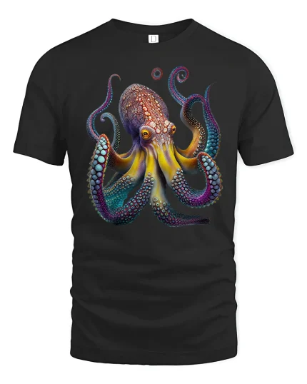 Colorful Octopus Ocean Creature Art Graphic T Shirt - black t-shirt on white background