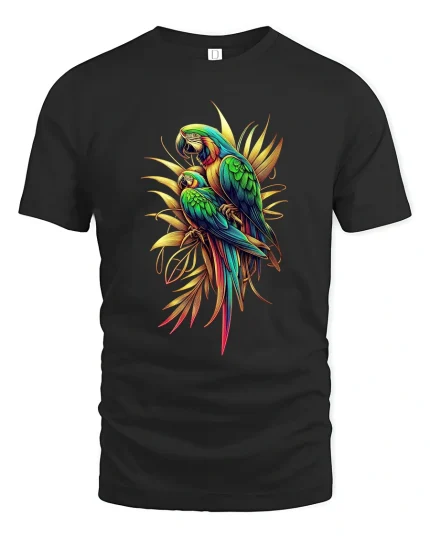 Colorful Parrot Duo Tropical Nature Art Graphic T Shirt - black t-shirt on white background
