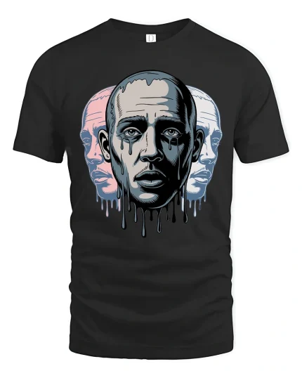 Melting Face Triple Portrait Surreal Art Graphic T Shirt - black t-shirt on white background