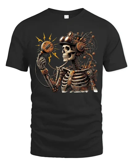 Steampunk Skeleton Inventor Electric Mind Art Graphic T Shirt - black t-shirt on white background