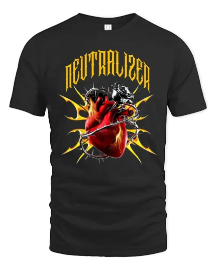 Neutralized Flaming Heart Thorn Rose Art Graphic T Shirt - black t-shirt on white background