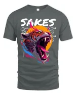 Sakes Sakes Roaring Tiger Aggressive Street Art Graphic T Shirt - gray t-shirt on white background