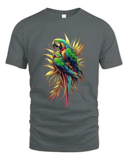Colorful Parrot Duo Tropical Nature Art Graphic T Shirt - gray t-shirt on white background