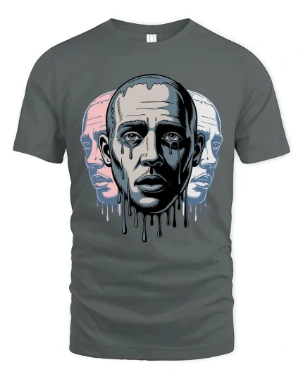 Melting Face Triple Portrait Surreal Art Graphic T Shirt - gray t-shirt on white background