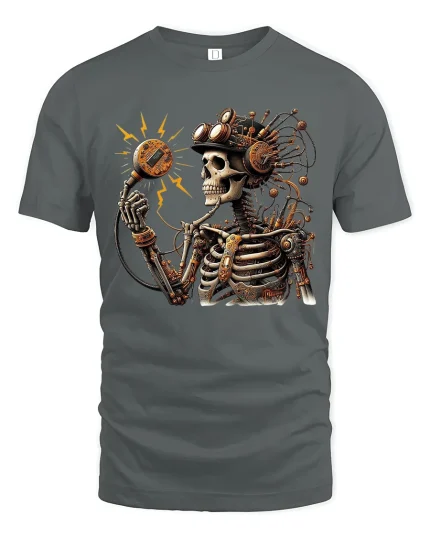 Steampunk Skeleton Inventor Electric Mind Art Graphic T Shirt - gray t-shirt on white background
