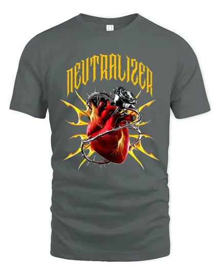 Neutralized Flaming Heart Thorn Rose Art Graphic T Shirt - gray t-shirt on white background